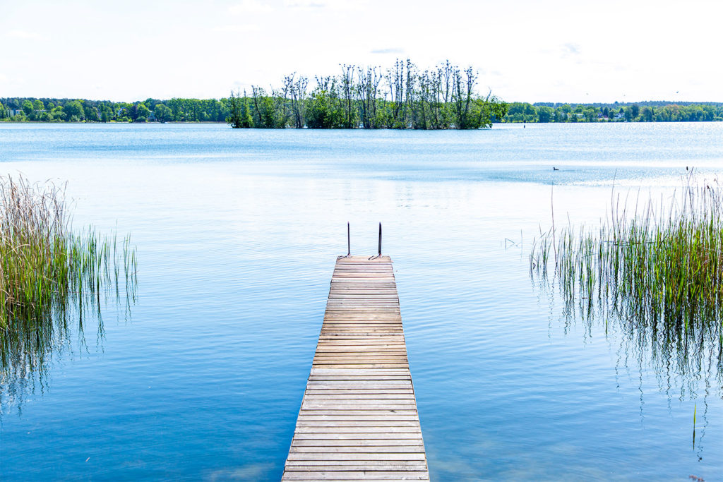 Blick über Steg am Scharmuetzelsee